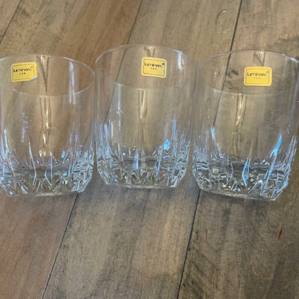 Set of 3 new Luminarc Clear Cut Cocktail / Whiskey Glasses 3.25 dia x 3.75" t
